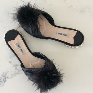 MIU MIU BLACK PEEP TOE SLIDES 35 1/2